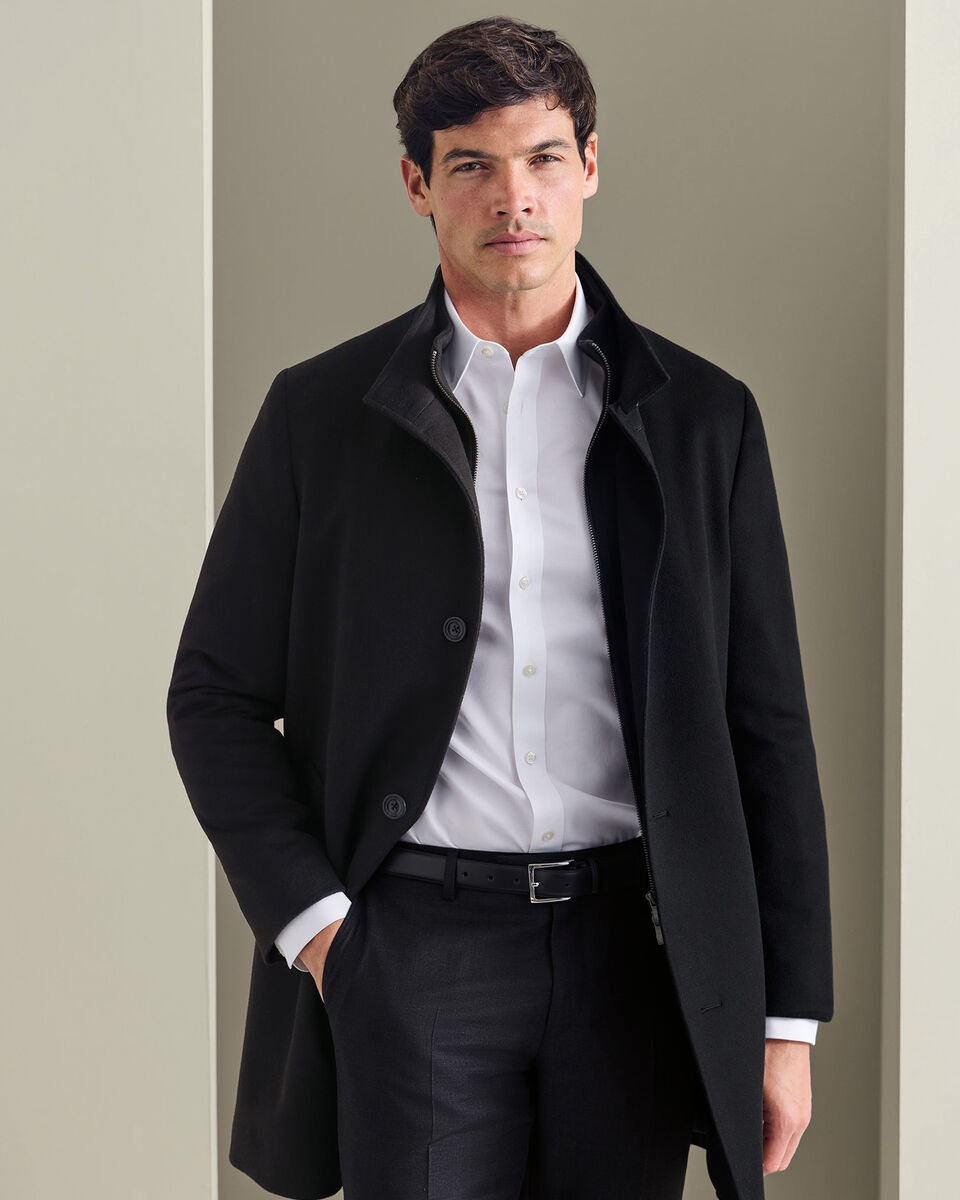 Fine Merino Wool Funnel Neck Overcoat - Black Main image