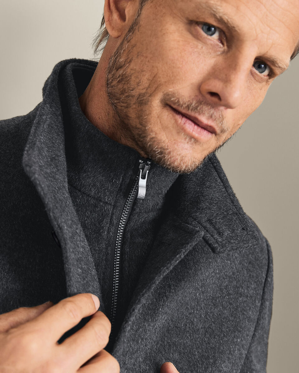 Fine Merino Wool Funnel Neck Overcoat - Charcoal
