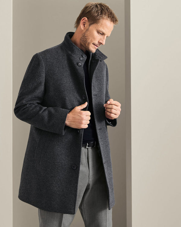 Fine Merino Wool Funnel Neck Overcoat - Charcoal