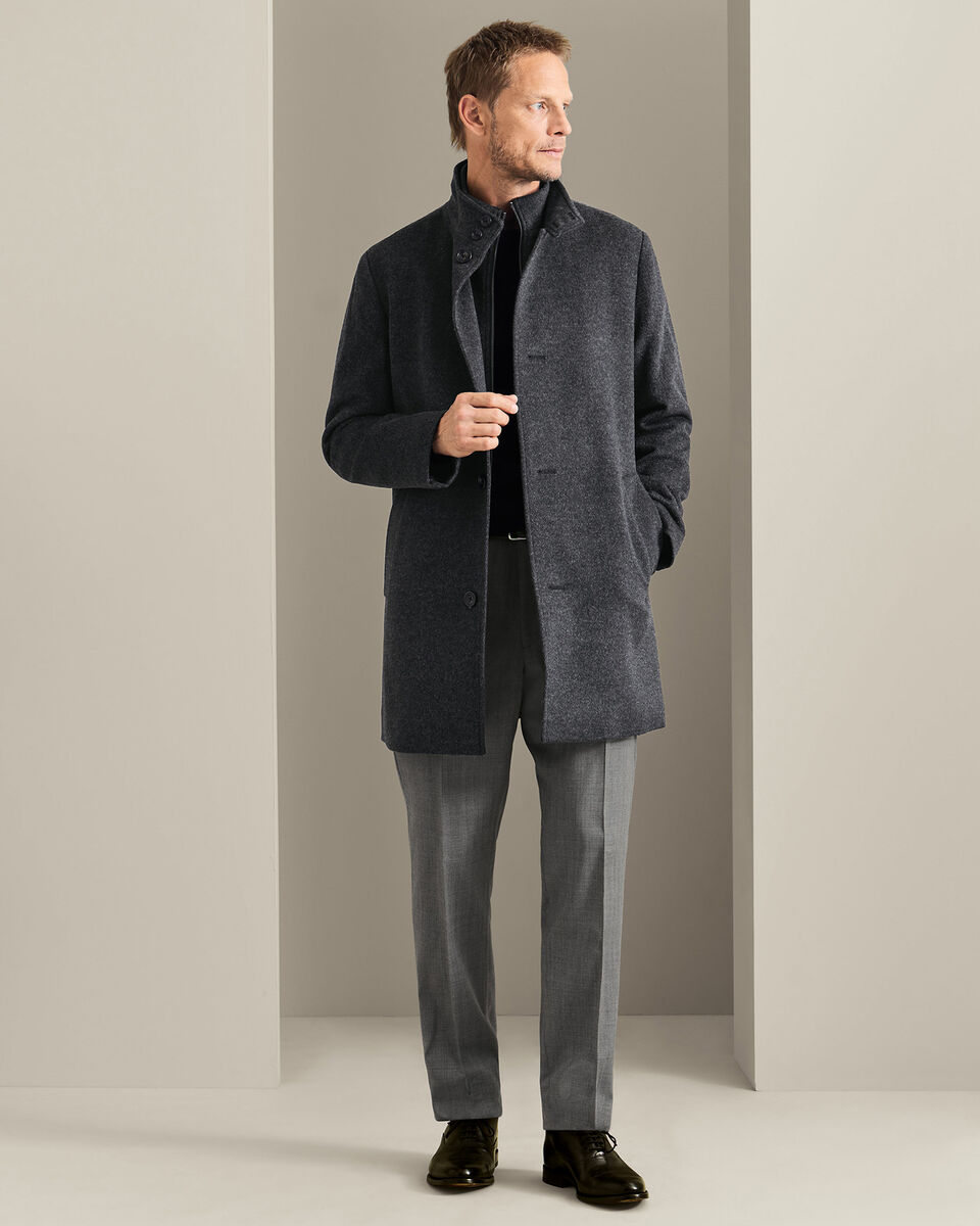 Fine Merino Wool Funnel Neck Overcoat - Charcoal