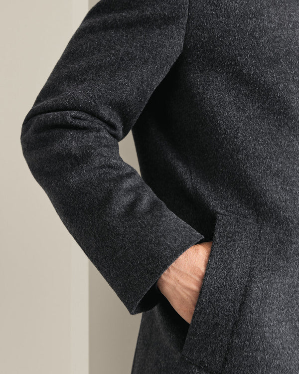 Fine Merino Wool Funnel Neck Overcoat - Charcoal