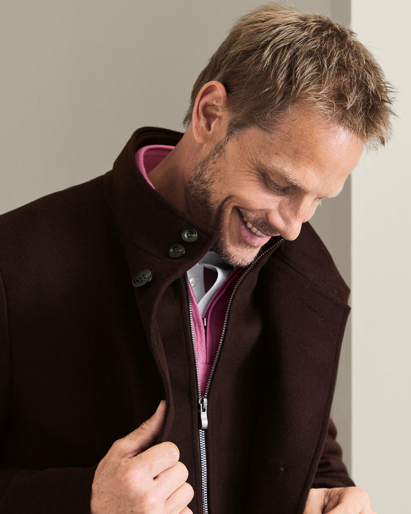 Fine Merino Wool Funnel Neck Overcoat - Chocolate
