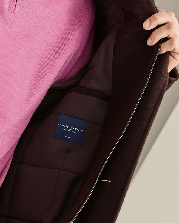Fine Merino Wool Funnel Neck Overcoat - Chocolate