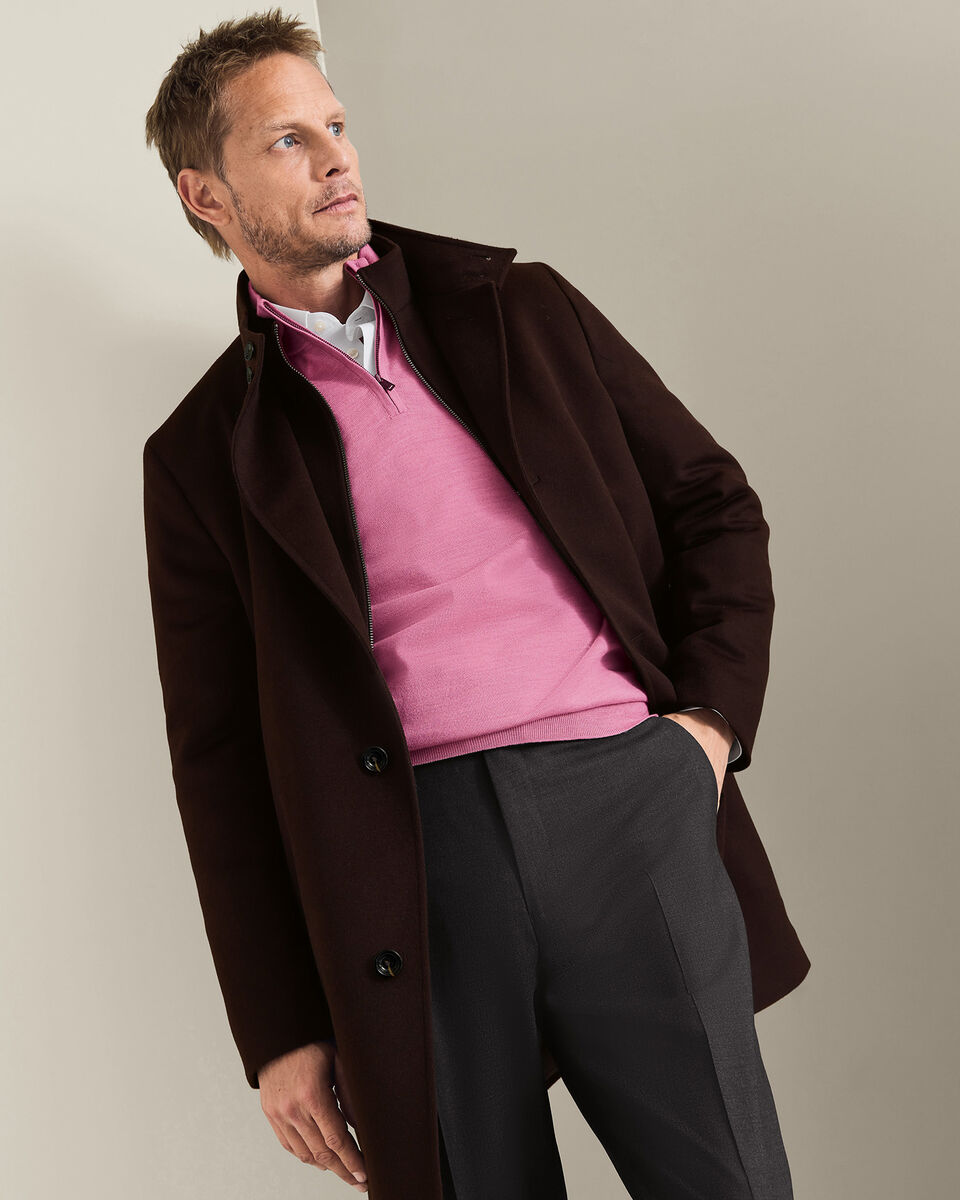 Fine Merino Wool Funnel Neck Overcoat - Chocolate
