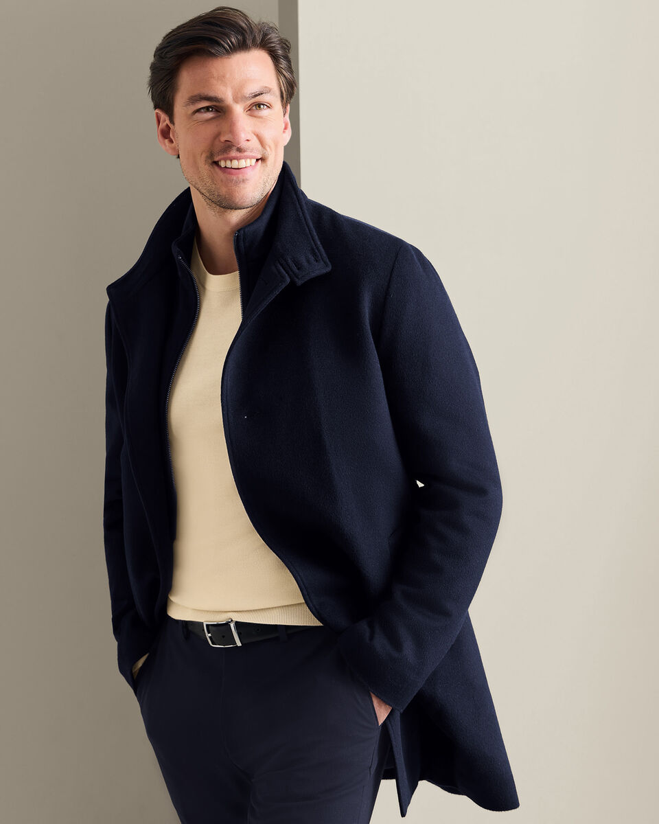 Fine Merino Wool Funnel Neck Overcoat - Navy Main image