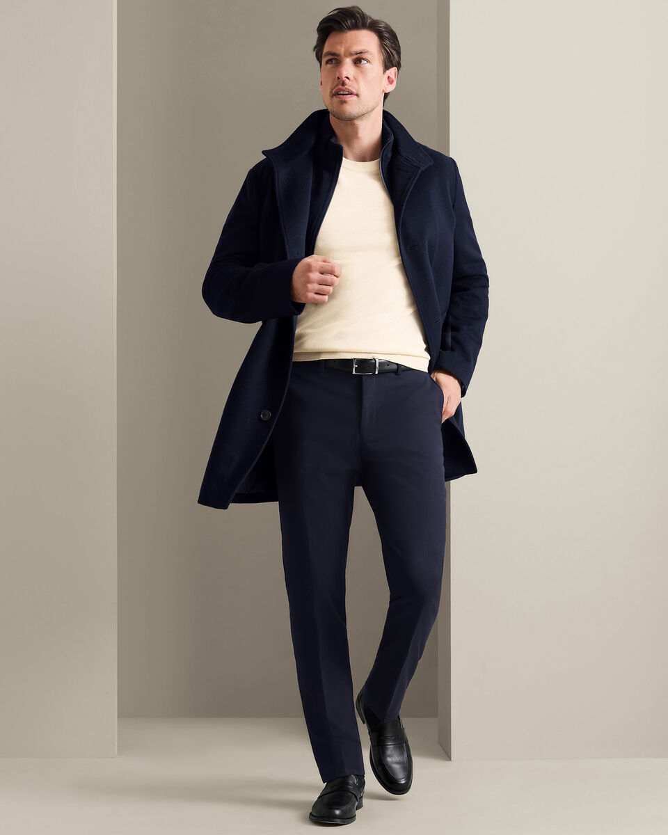 Fine Merino Wool Funnel Neck Overcoat - Navy