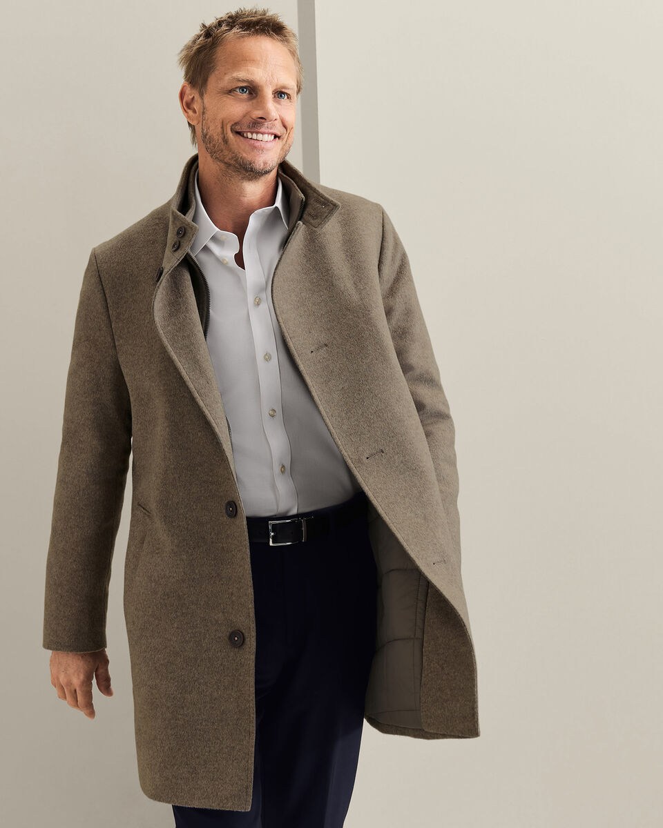 Fine Merino Wool Funnel Neck Overcoat - Oatmeal Main image