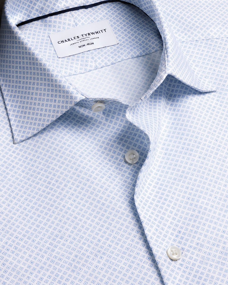 Non-Iron Geometric Print Shirt – White & Sky Blue
