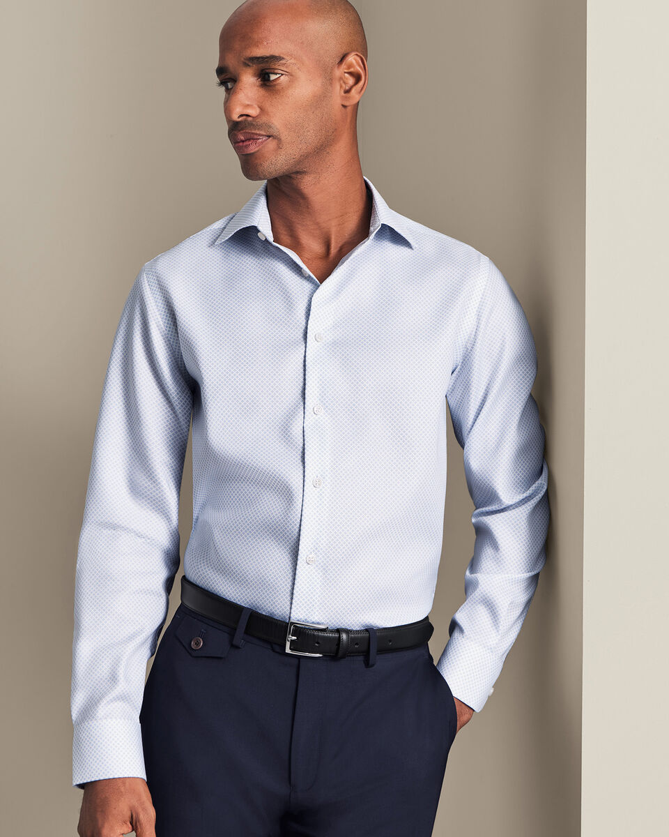 Non-Iron Geometric Print Shirt – White & Sky Blue
