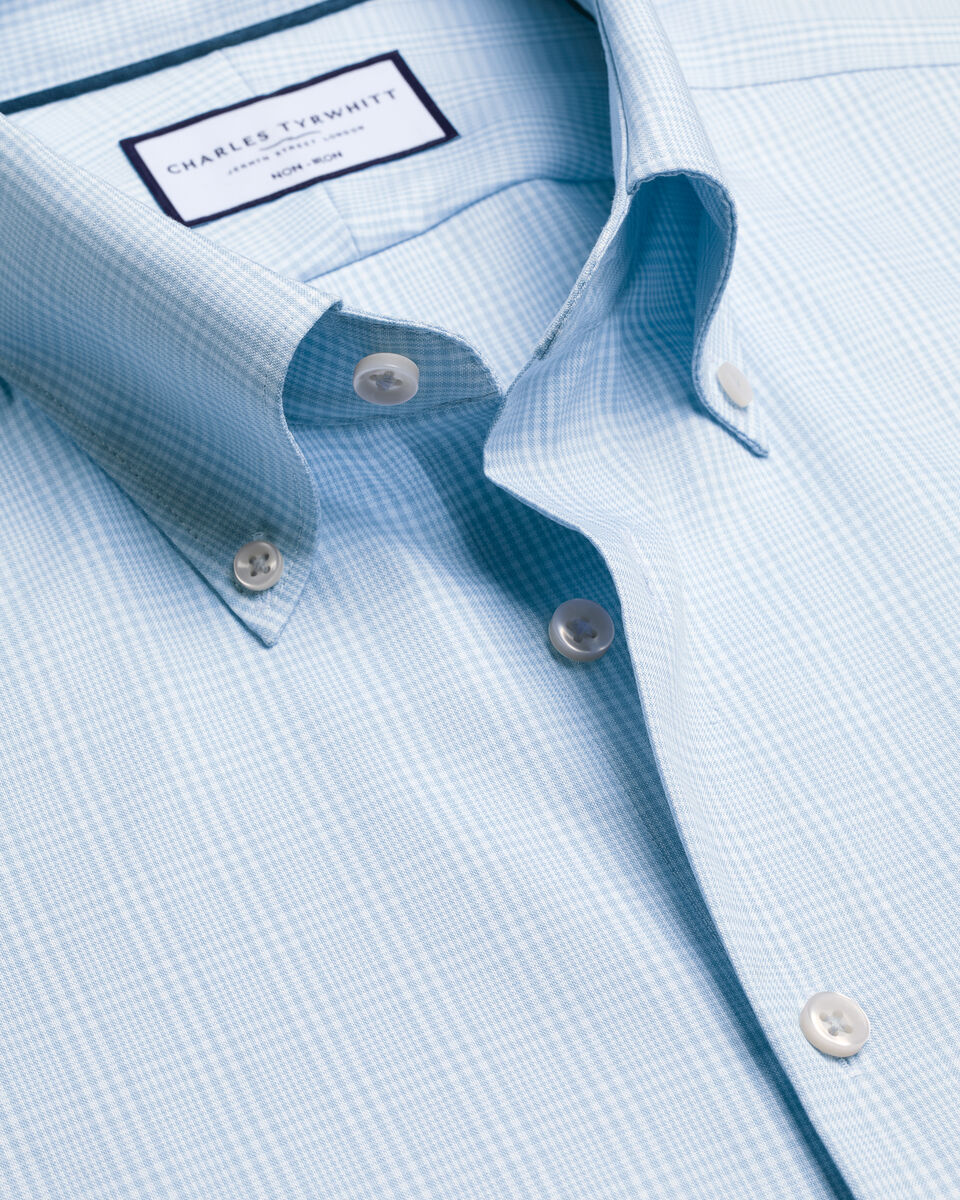 Non-Iron Stretch Pinpoint Oxford Prince of Wales Check Shirt - Blue Main image