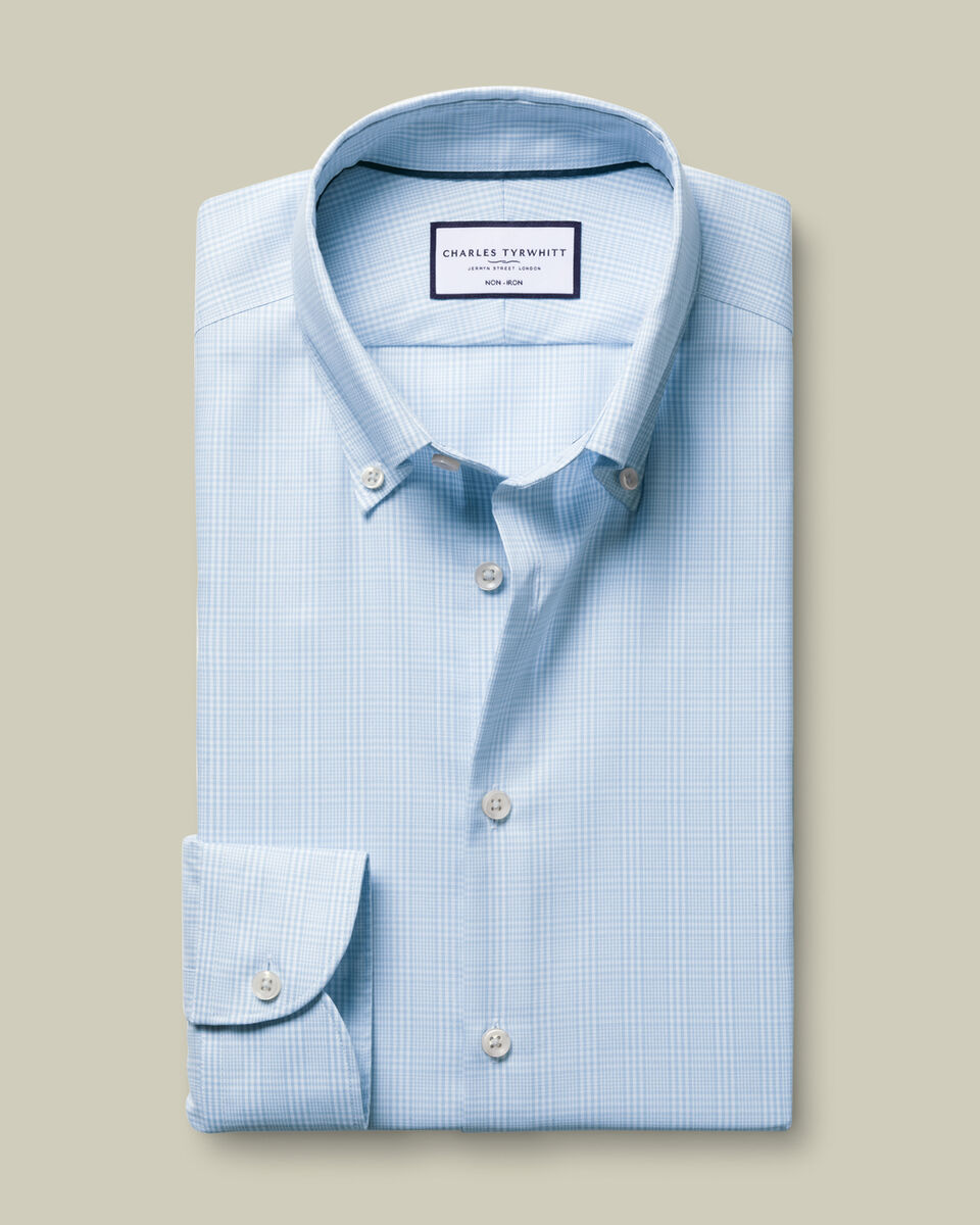Non-Iron Stretch Pinpoint Oxford Prince of Wales Check Shirt - Blue