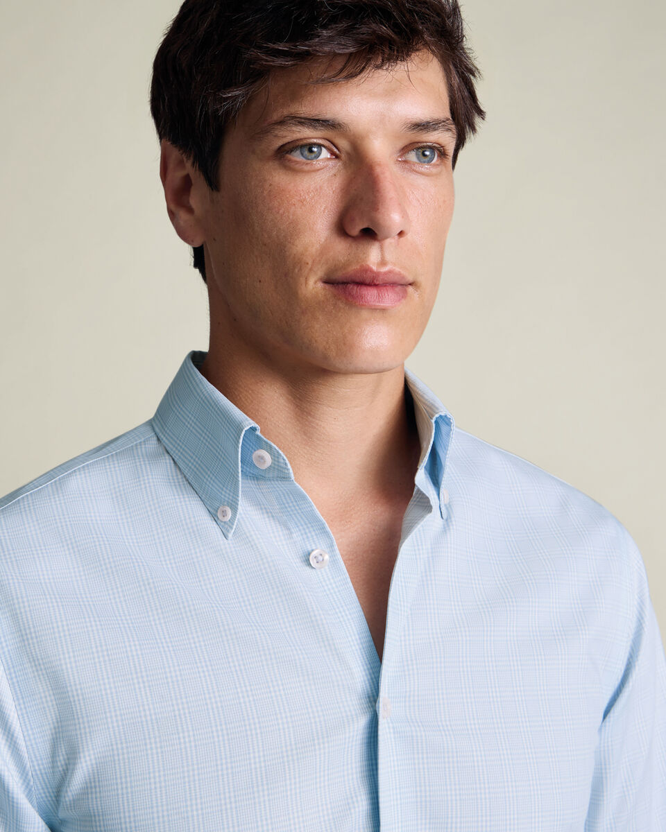 Non-Iron Stretch Pinpoint Oxford Prince of Wales Check Shirt - Blue