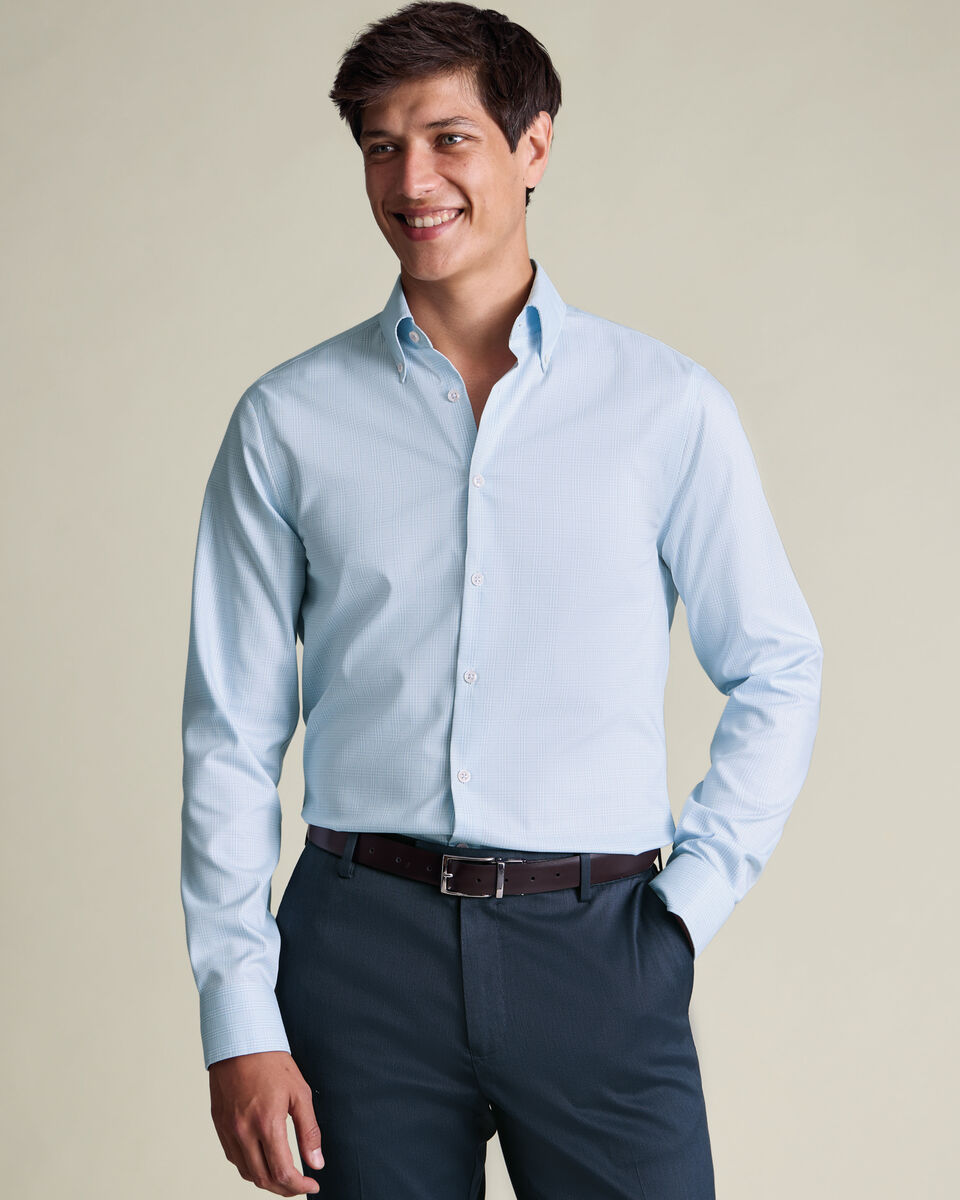 Non-Iron Stretch Pinpoint Oxford Prince of Wales Check Shirt - Blue