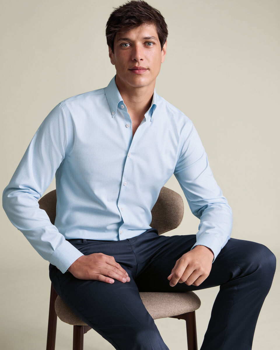 Non-Iron Stretch Pinpoint Oxford Prince of Wales Check Shirt - Blue