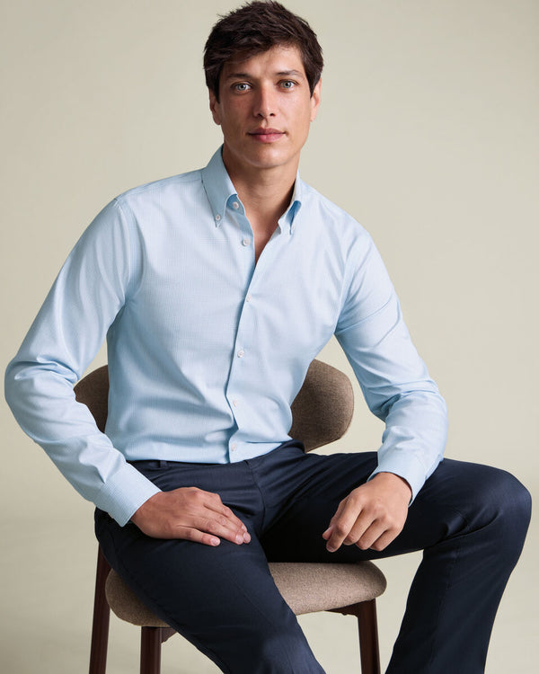 Non-Iron Stretch Pinpoint Oxford Prince of Wales Check Shirt - Blue