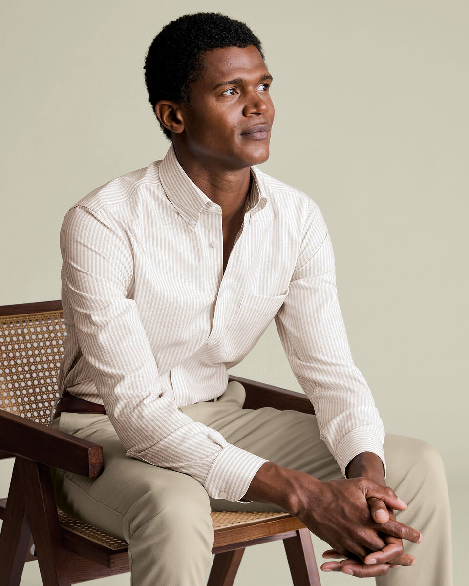 Non-Iron Stretch Oxford Stripe Shirt - Taupe