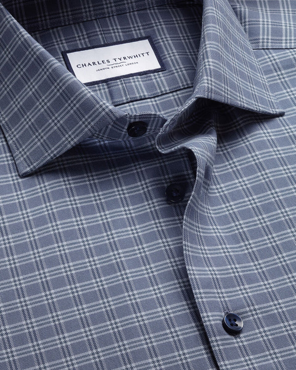 Brushed Cotton Twill Check Shirt - Mid Blue