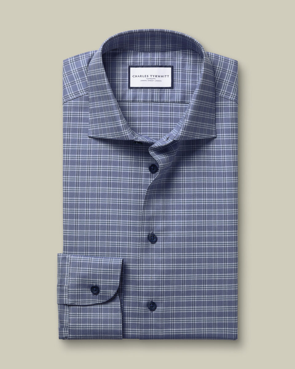 Brushed Cotton Twill Check Shirt - Mid Blue