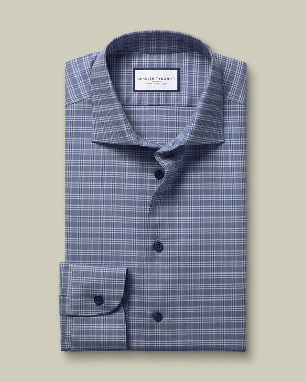Brushed Cotton Twill Check Shirt - Mid Blue