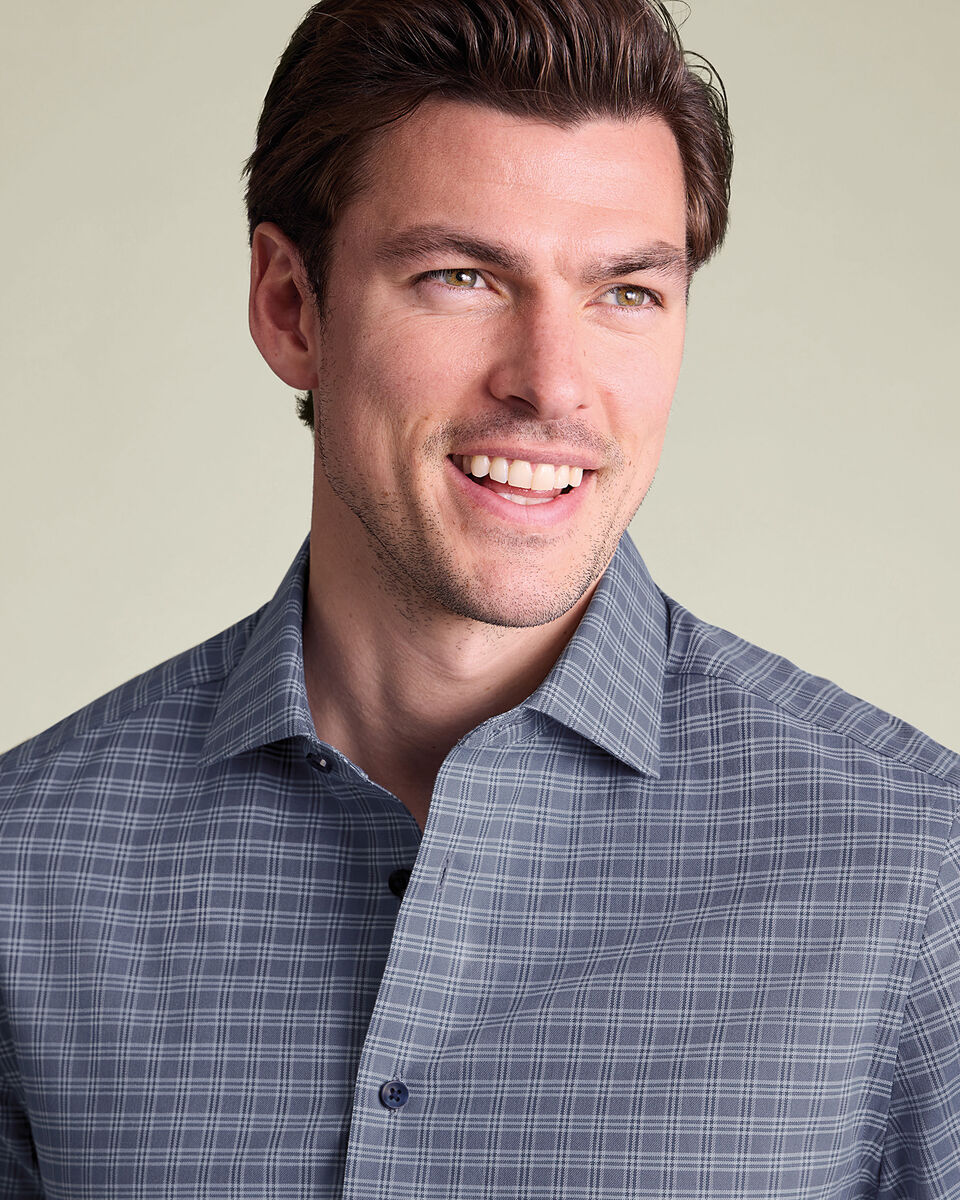 Brushed Cotton Twill Check Shirt - Mid Blue