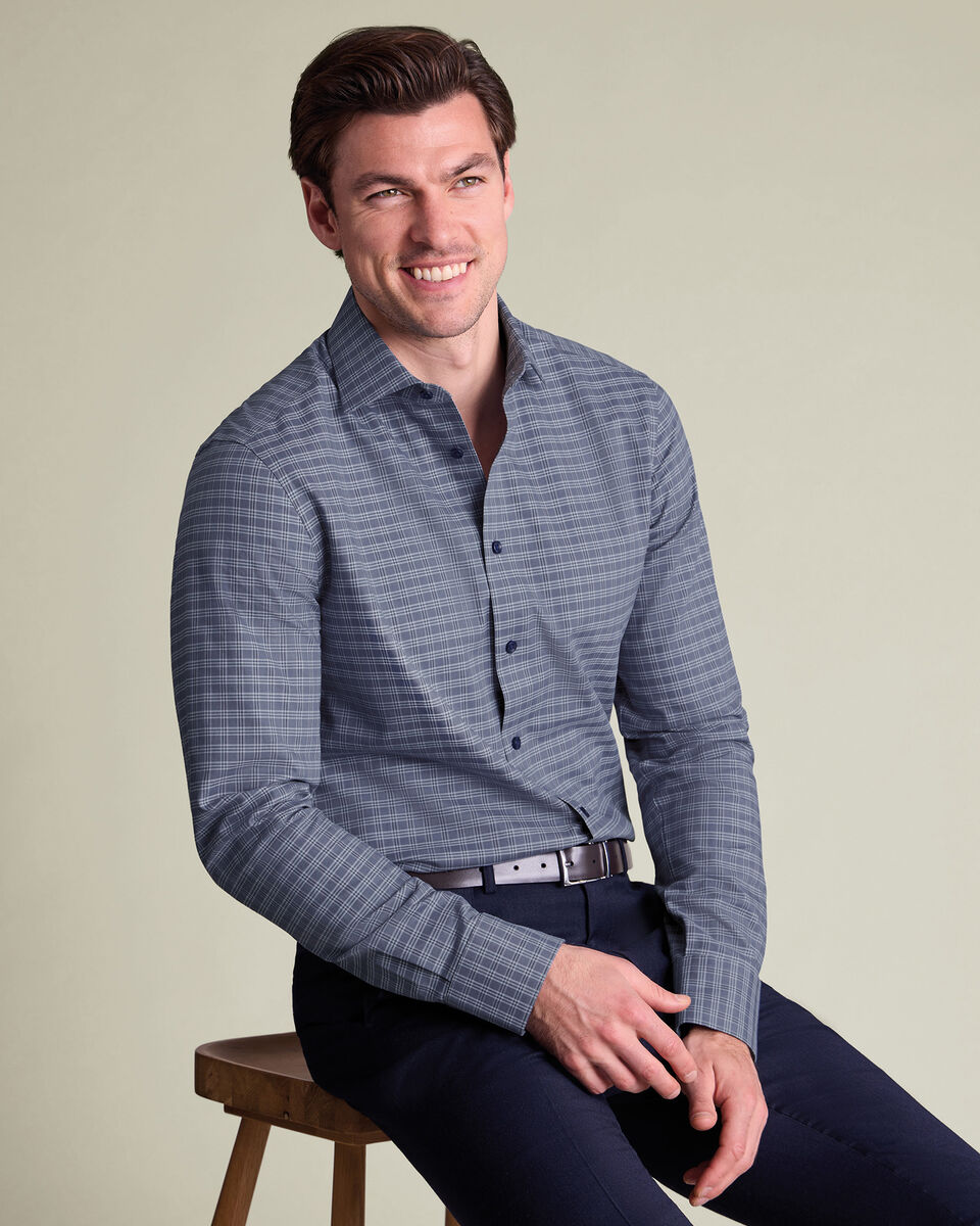 Brushed Cotton Twill Check Shirt - Mid Blue