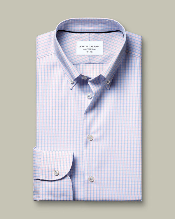 Non-Iron Stretch Pinpoint Oxford Check Shirt – Blue & Pink