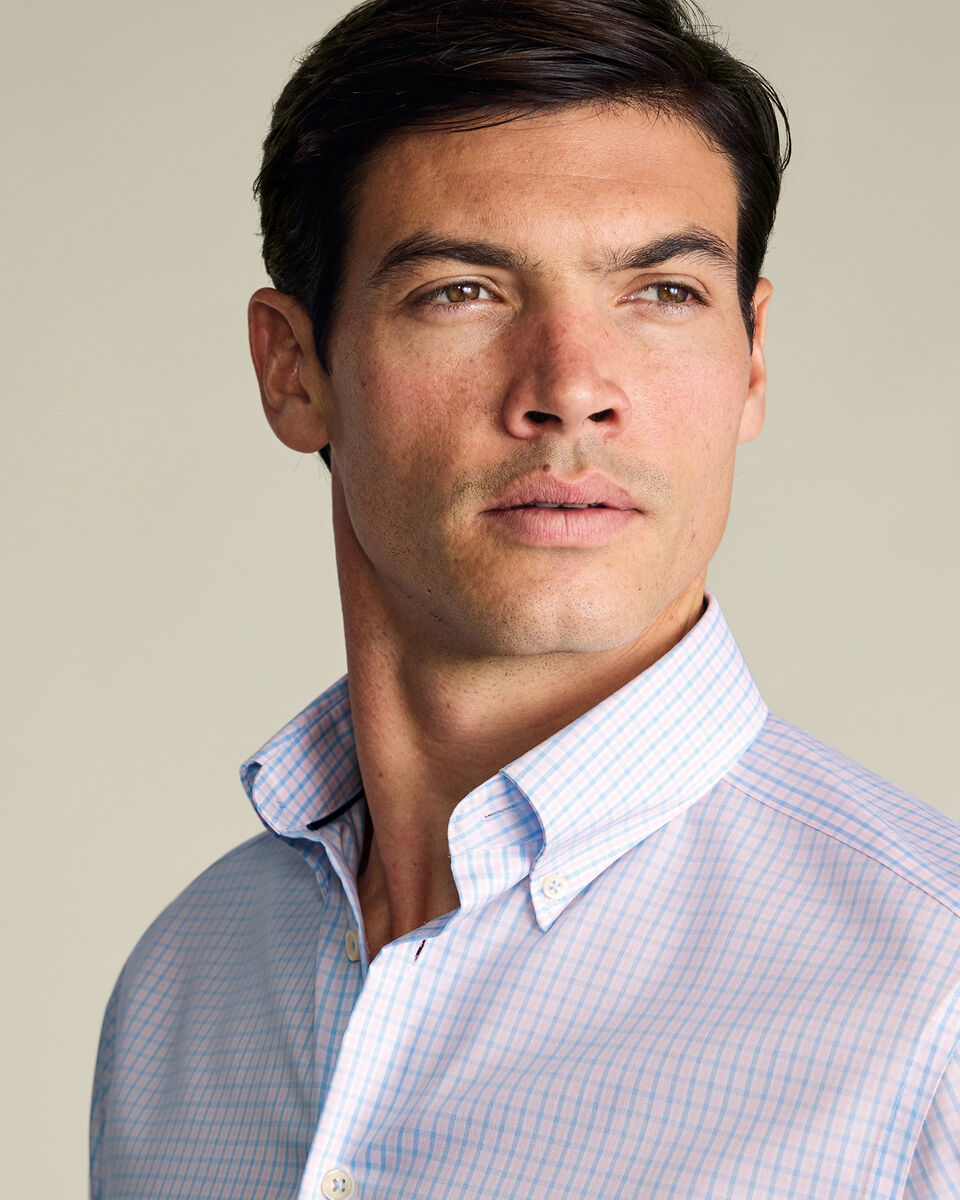 Non-Iron Stretch Pinpoint Oxford Check Shirt – Blue & Pink