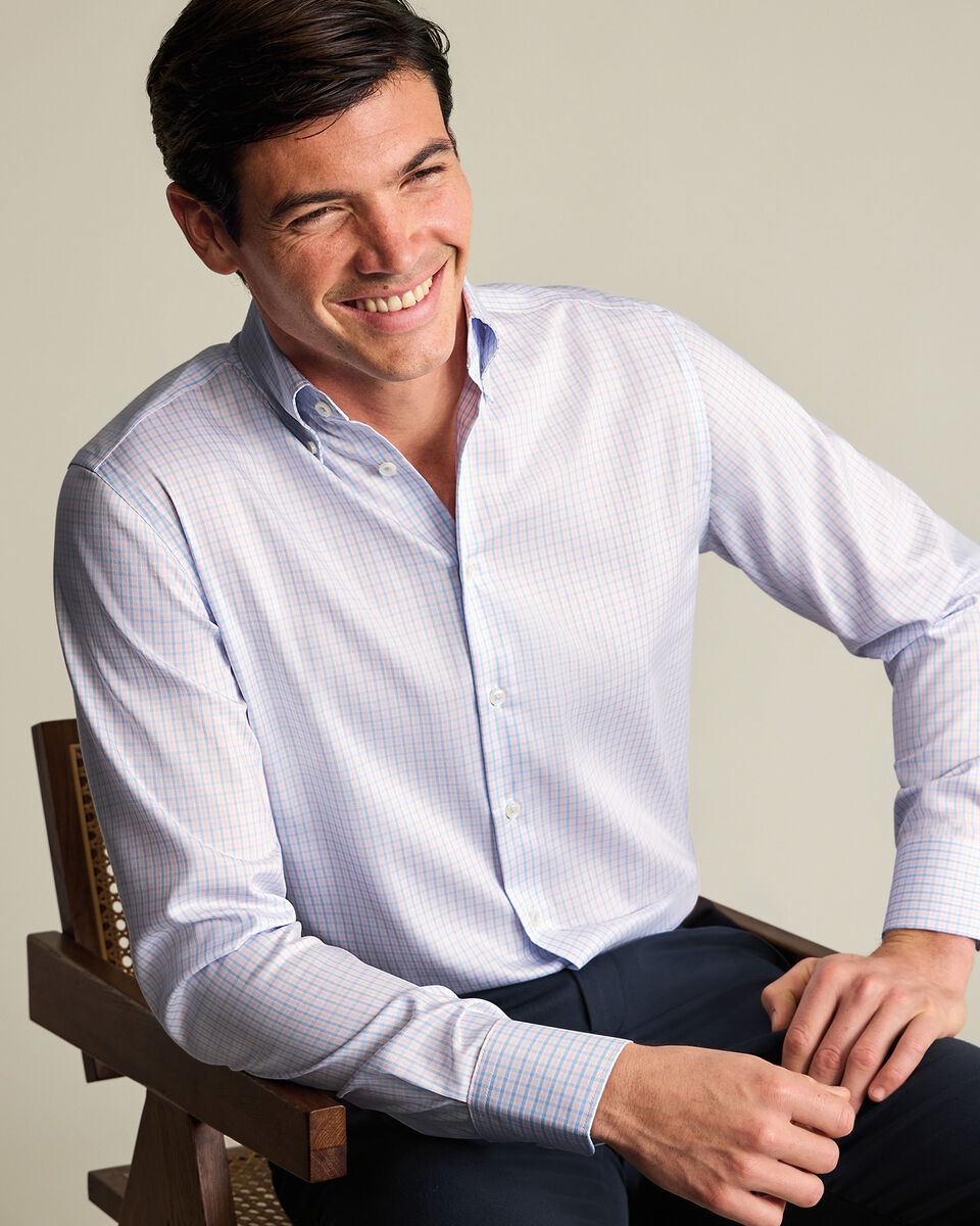 Non-Iron Stretch Pinpoint Oxford Check Shirt – Blue & Pink