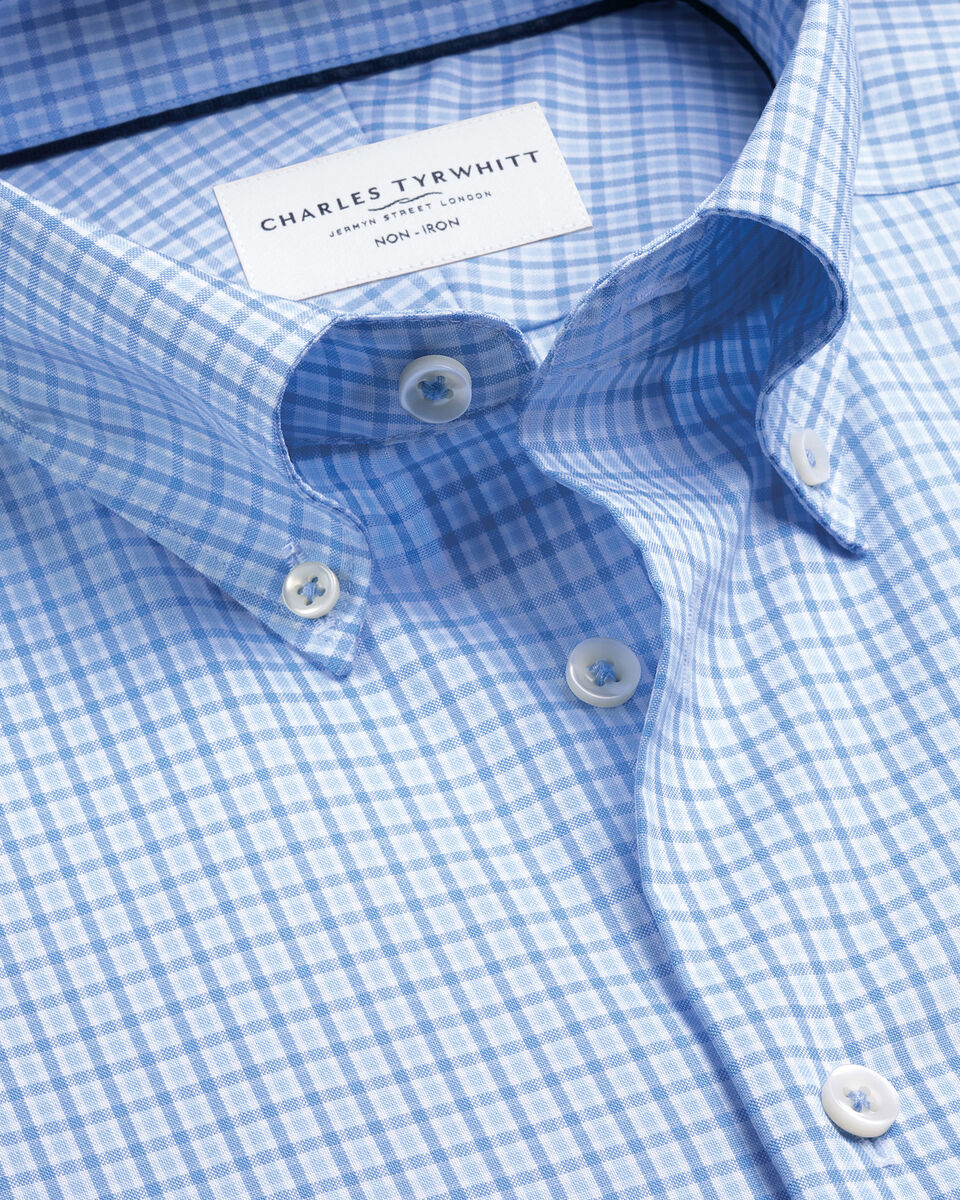 Non-Iron Stretch Pinpoint Oxford Check Shirt – Cornflower Blue Main image