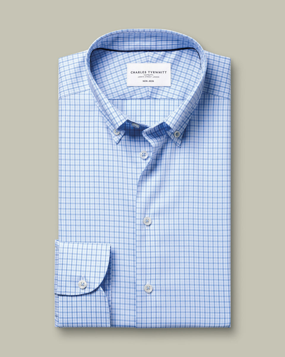 Non-Iron Stretch Pinpoint Oxford Check Shirt – Cornflower Blue
