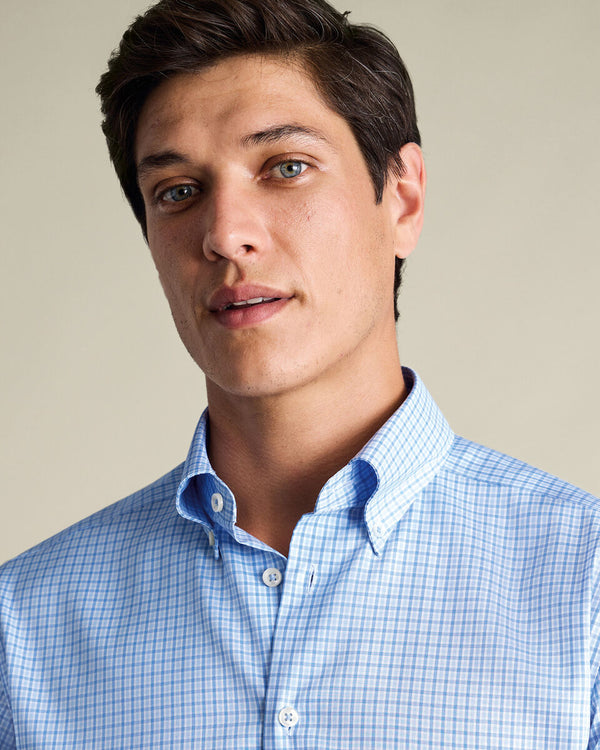 Non-Iron Stretch Pinpoint Oxford Check Shirt – Cornflower Blue