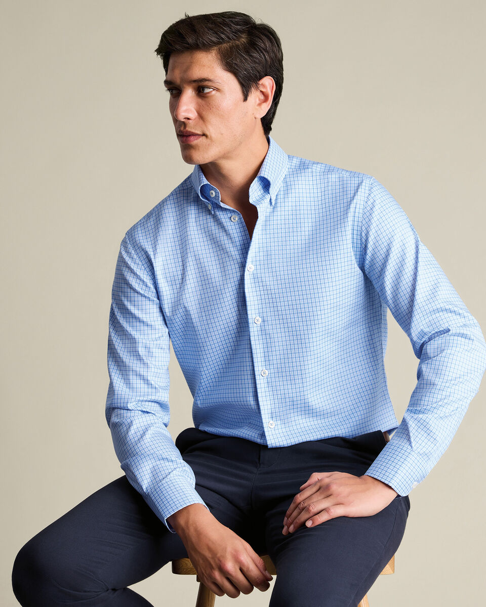 Non-Iron Stretch Pinpoint Oxford Check Shirt – Cornflower Blue