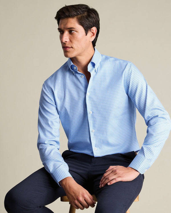 Non-Iron Stretch Pinpoint Oxford Check Shirt – Cornflower Blue