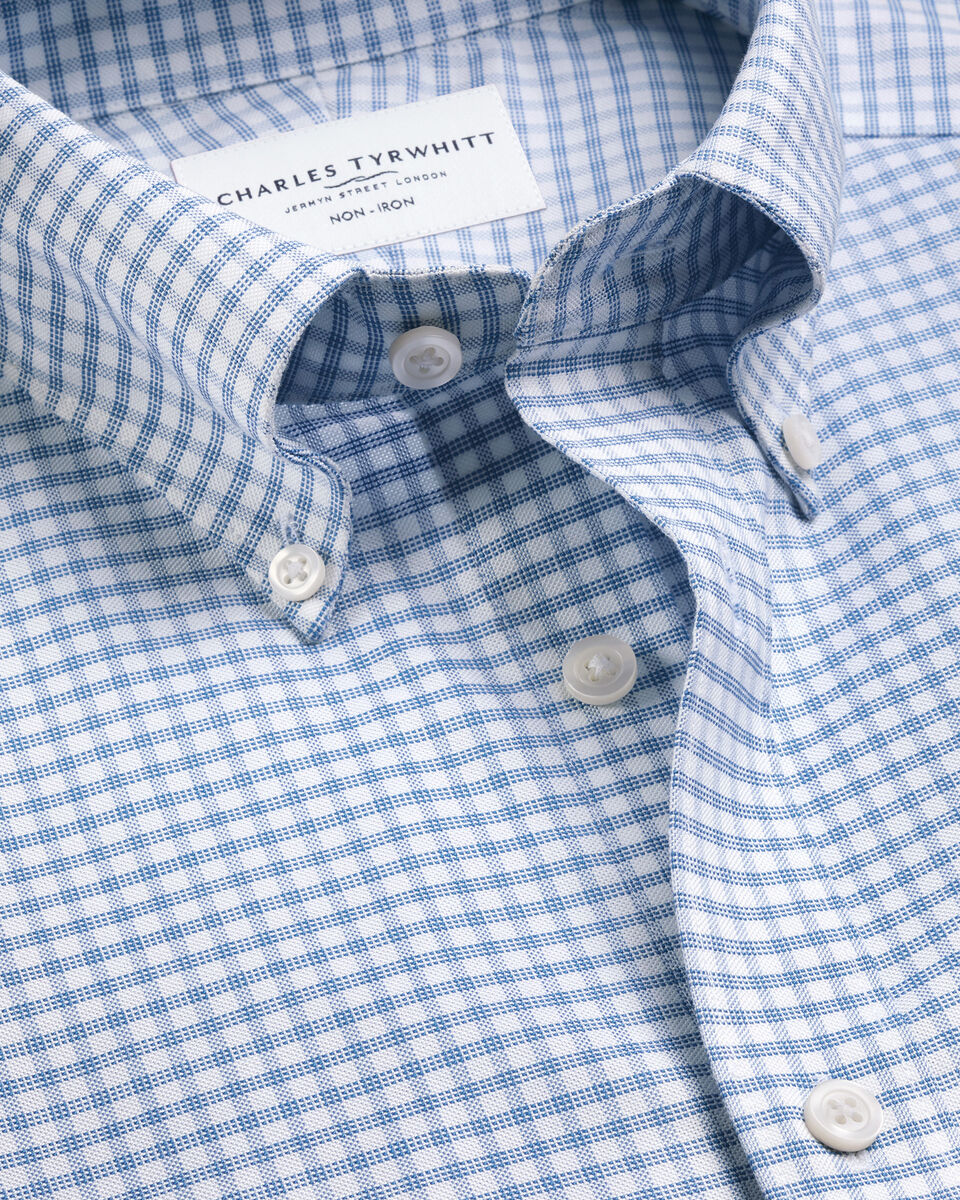 Non-Iron Stretch Oxford Check Shirt - Mid Blue Main image
