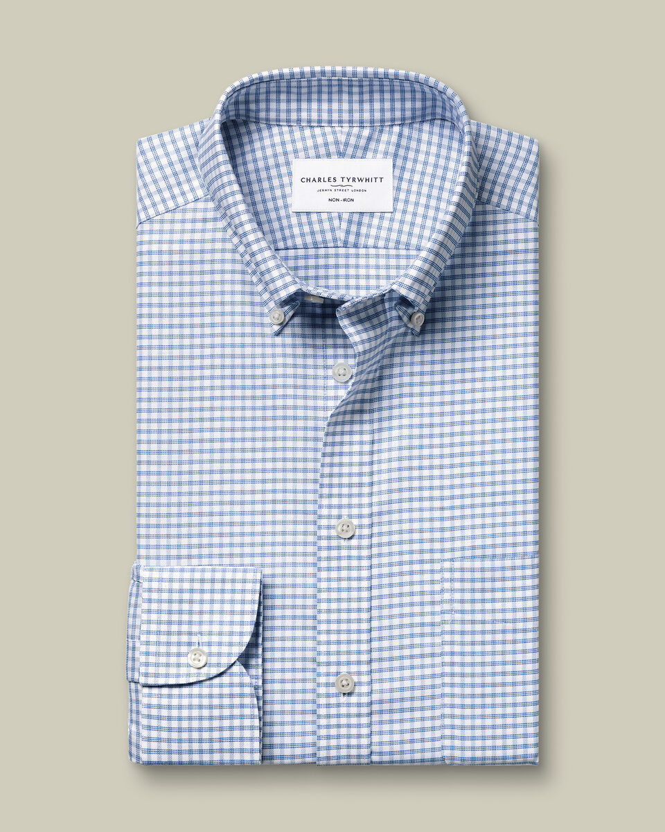 Non-Iron Stretch Oxford Check Shirt - Mid Blue