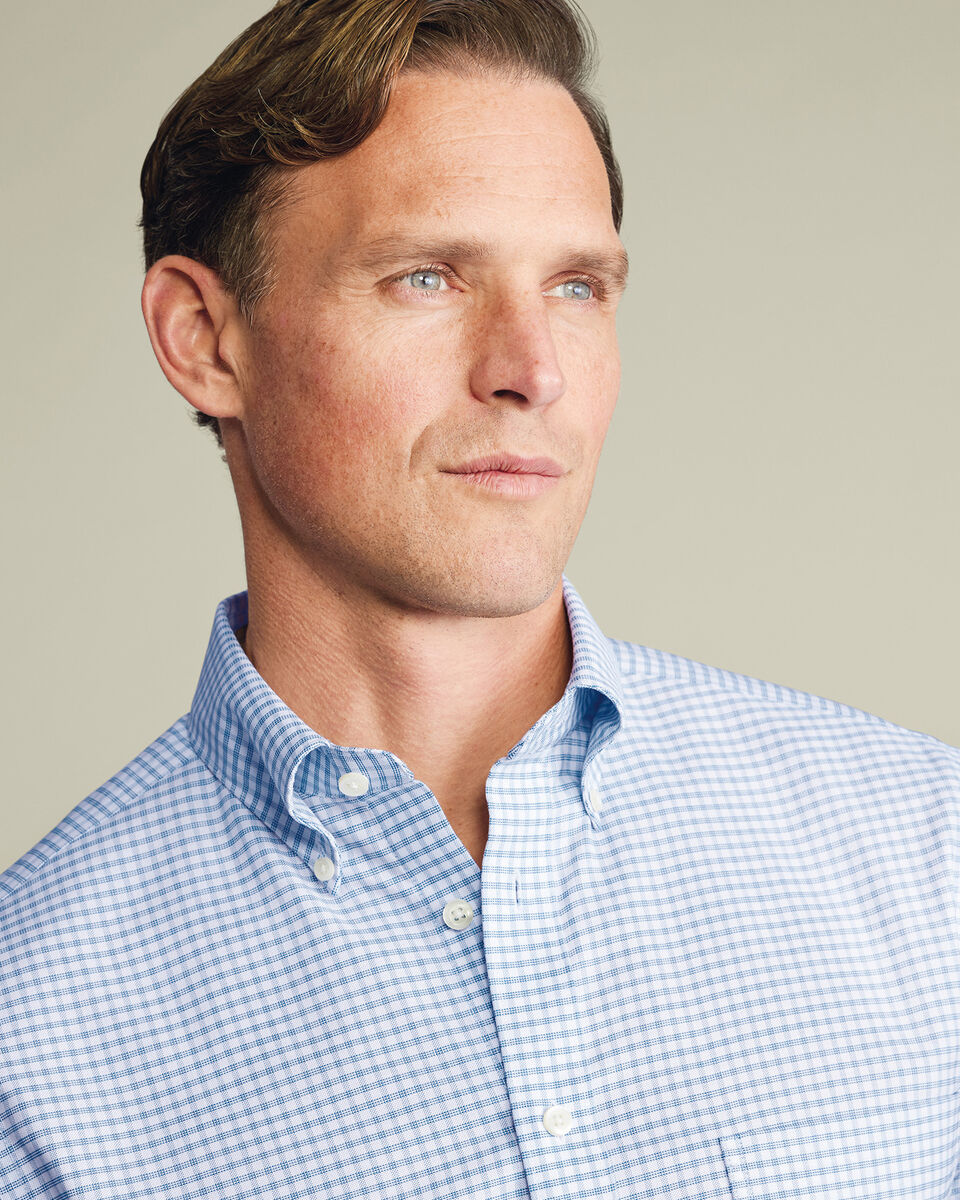 Non-Iron Stretch Oxford Check Shirt - Mid Blue