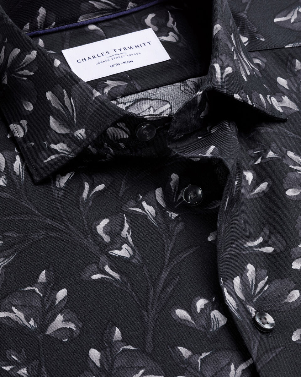Non-Iron Stretch Floral Print Shirt – Black