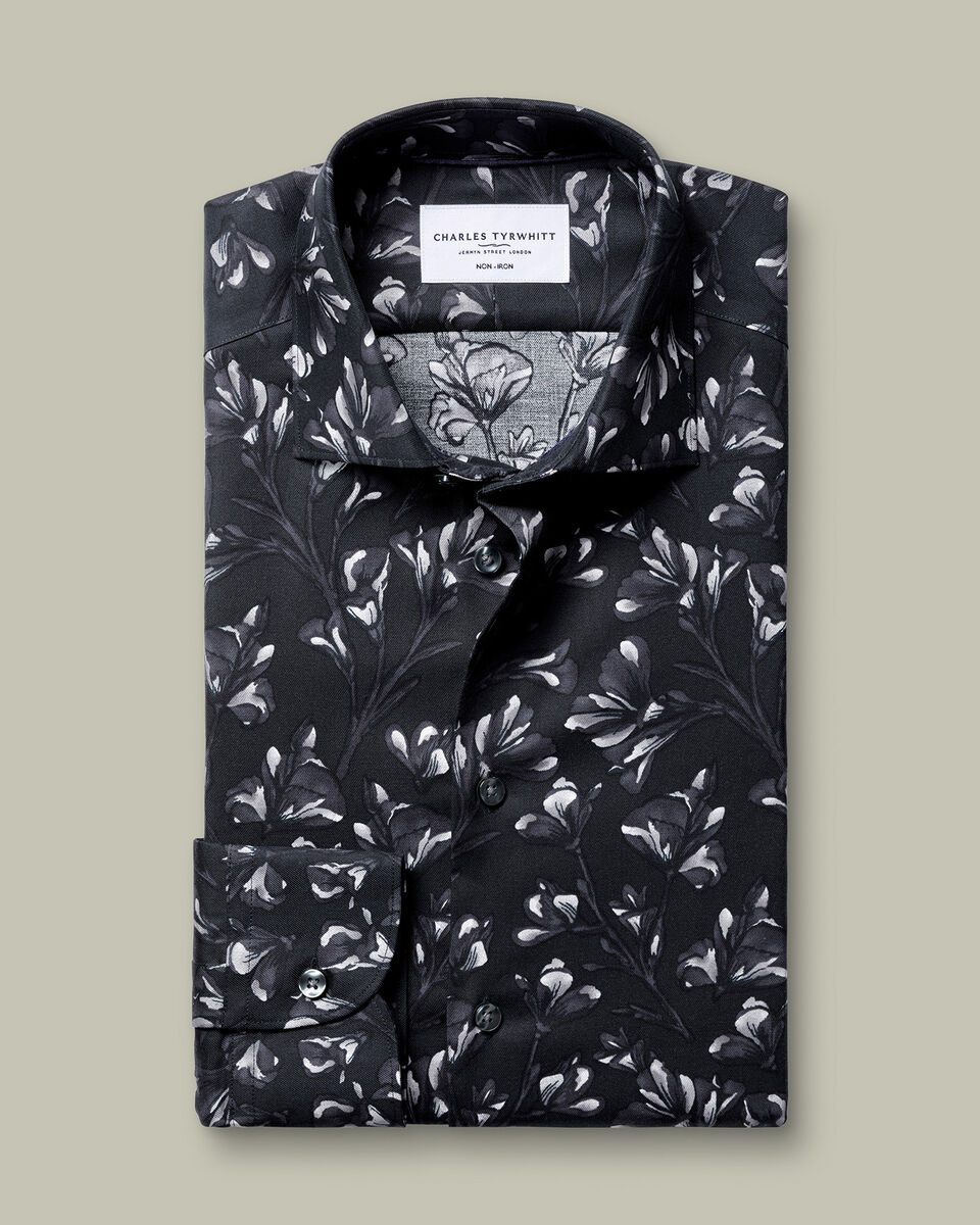 Non-Iron Stretch Floral Print Shirt – Black