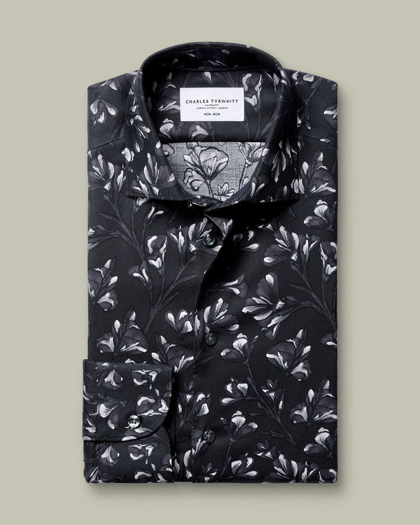 Non-Iron Stretch Floral Print Shirt – Black