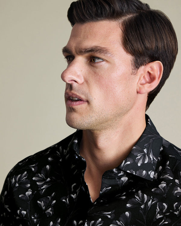 Non-Iron Stretch Floral Print Shirt – Black