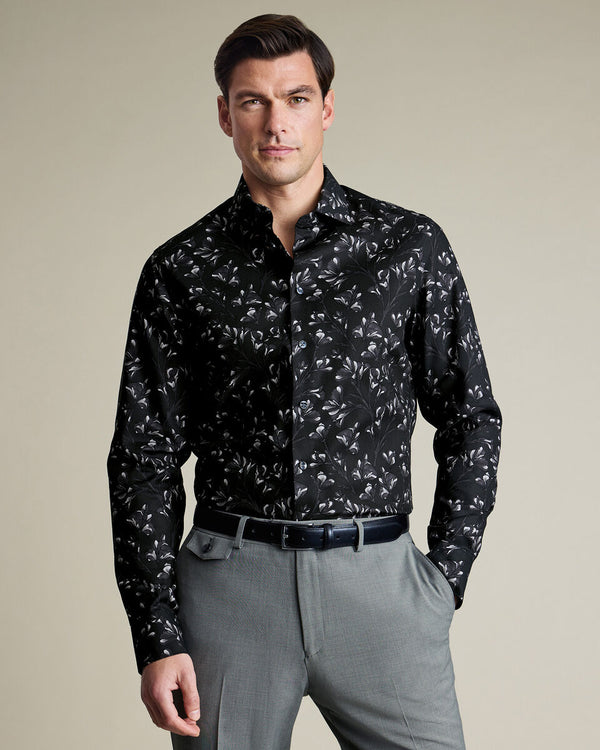 Non-Iron Stretch Floral Print Shirt – Black