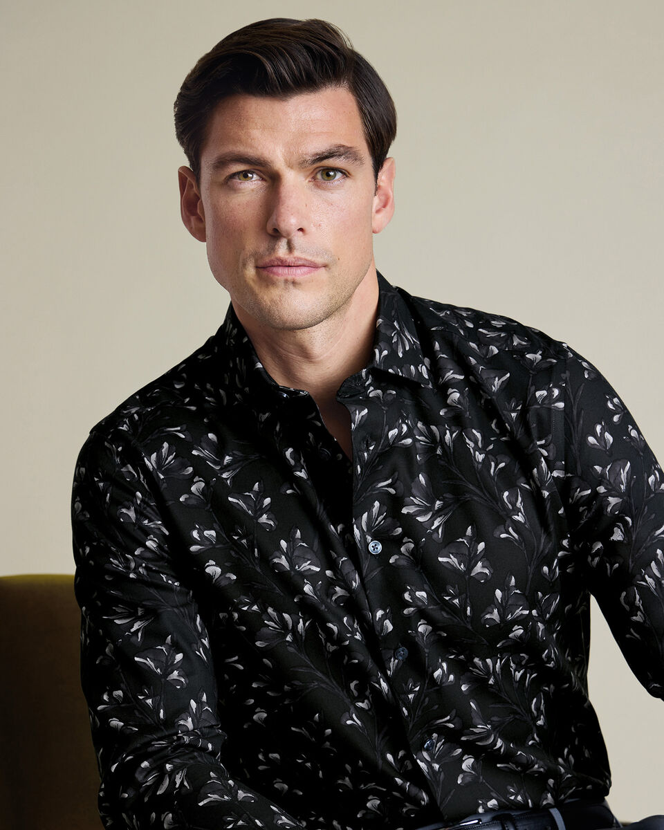 Non-Iron Stretch Floral Print Shirt – Black