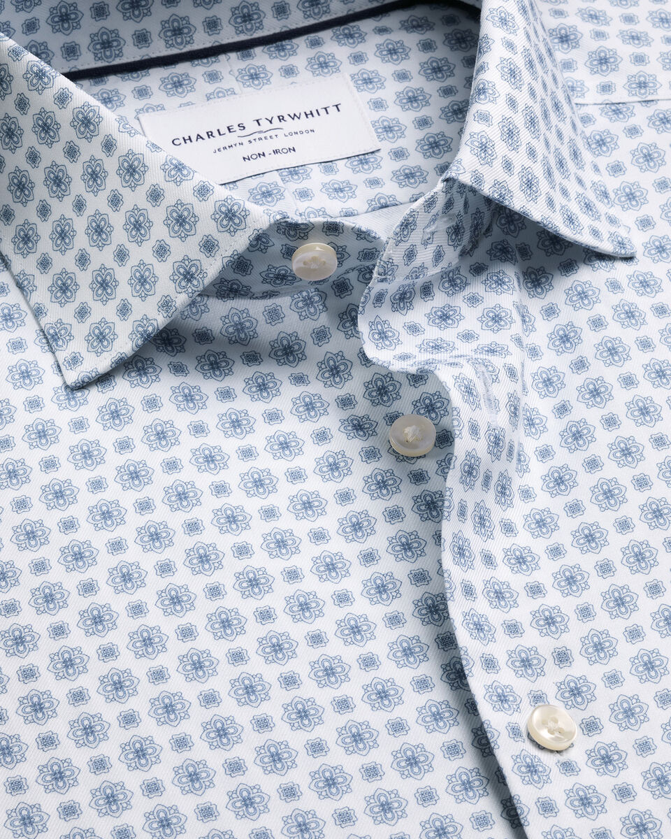Non-Iron Stretch Print Shirt – White & Blue