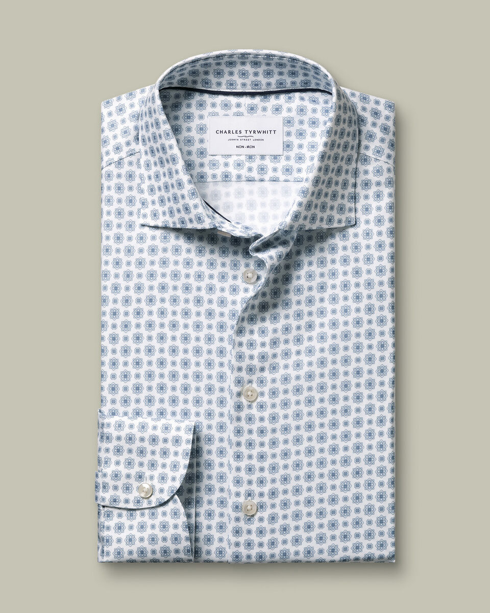 Non-Iron Stretch Print Shirt – White & Blue