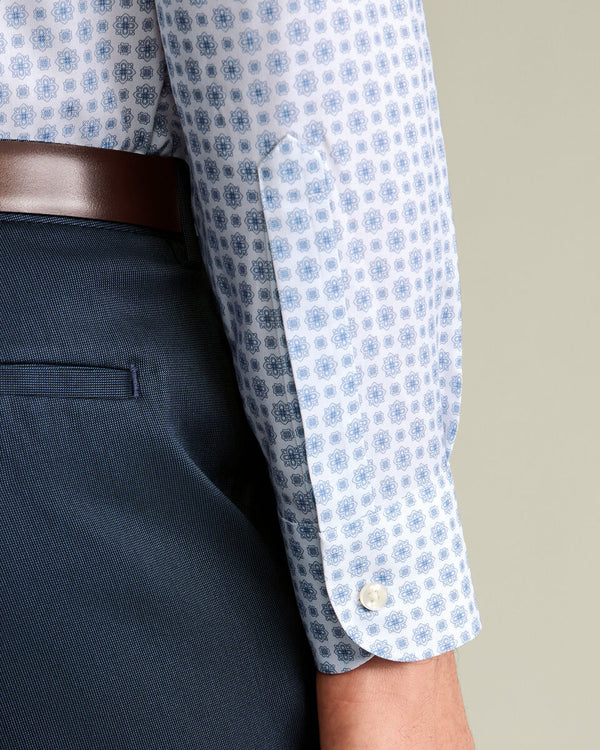 Non-Iron Stretch Print Shirt – White & Blue