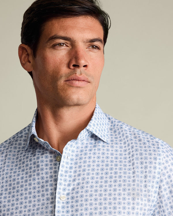 Non-Iron Stretch Print Shirt – White & Blue