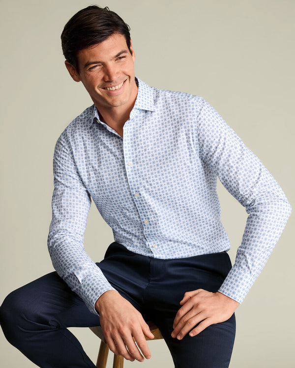 Non-Iron Stretch Print Shirt – White & Blue