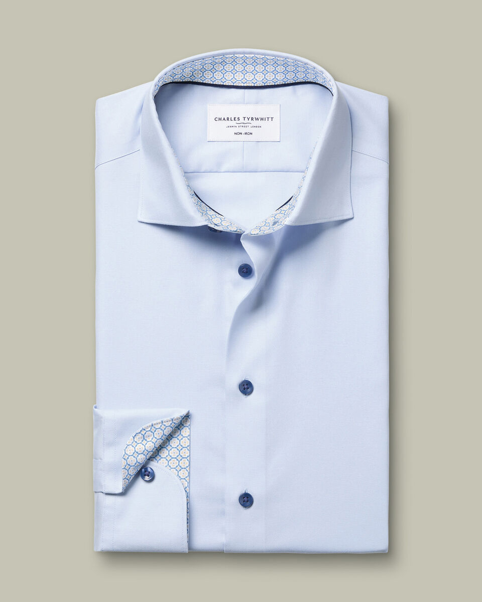 Non-Iron Stretch Printed Trim Shirt – Light Blue