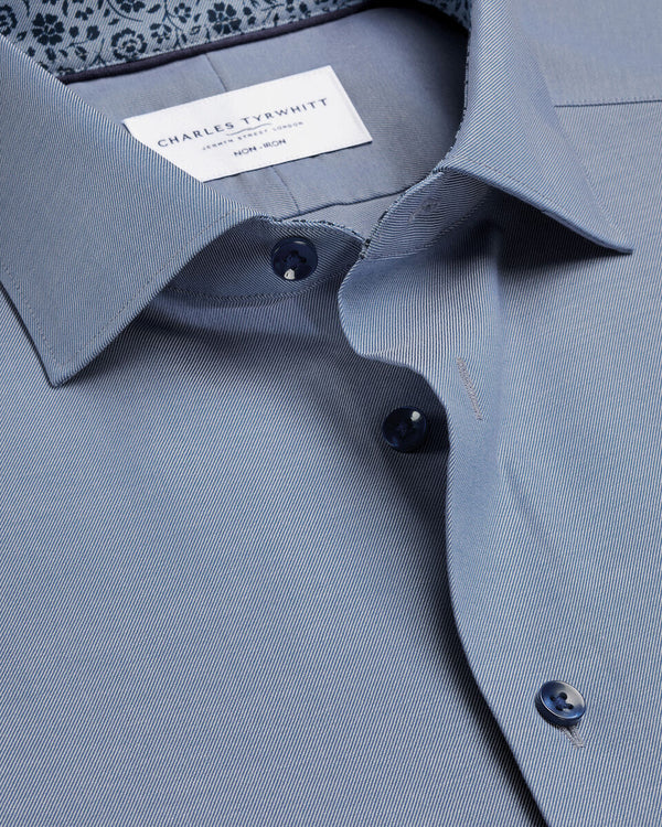 Non-Iron Stretch Printed Trim Shirt - Steel Blue