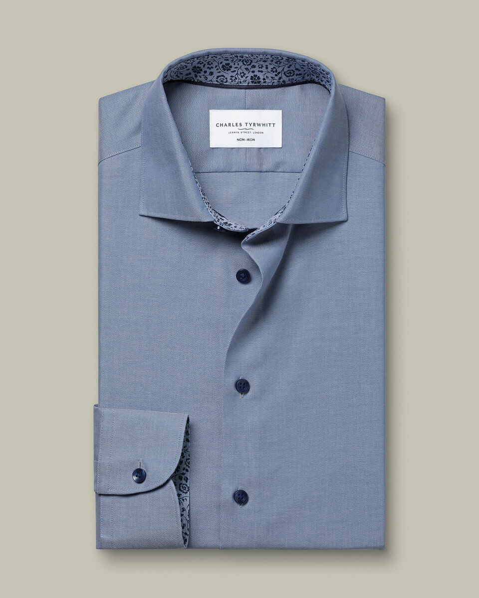 Non-Iron Stretch Printed Trim Shirt - Steel Blue